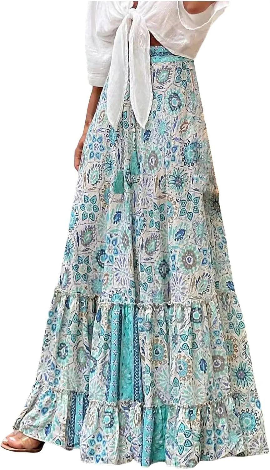 Women Floral Maxi Skirt Boho Flowy Long Skirt 2025 Summer Vacation Beach A-Line Tiered Skirts Comfy High Waist Dress