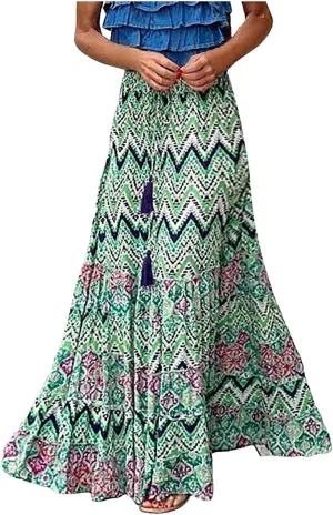 Women Floral Maxi Skirt Boho Flowy Long Skirt 2025 Summer Vacation Beach A-Line Tiered Skirts Comfy High Waist Dress