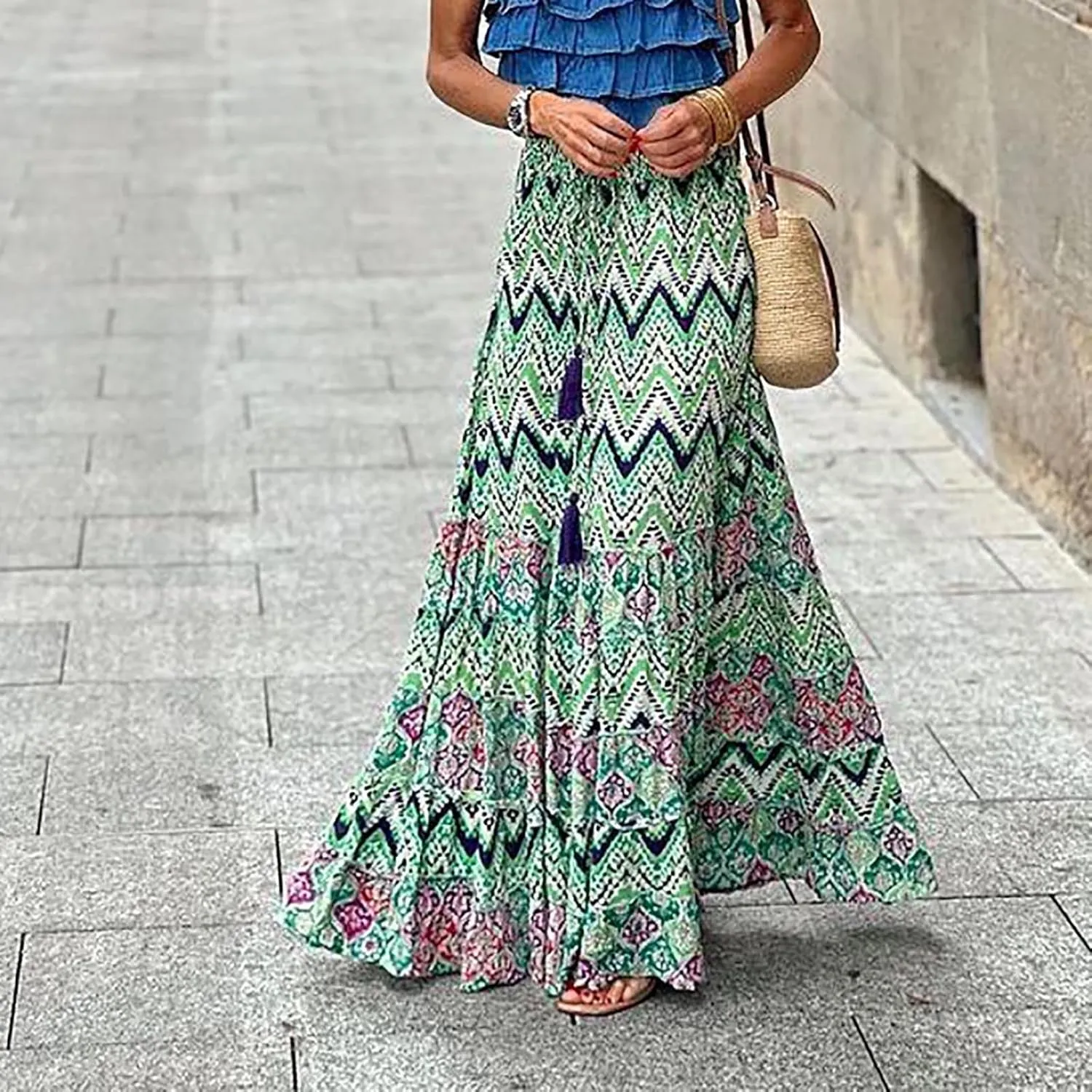 Women Floral Maxi Skirt Boho Flowy Long Skirt 2025 Summer Vacation Beach A-Line Tiered Skirts Comfy High Waist Dress