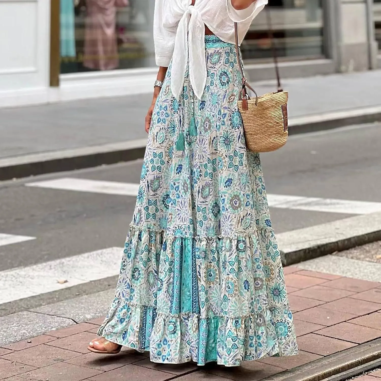 Women Floral Maxi Skirt Boho Flowy Long Skirt 2025 Summer Vacation Beach A-Line Tiered Skirts Comfy High Waist Dress