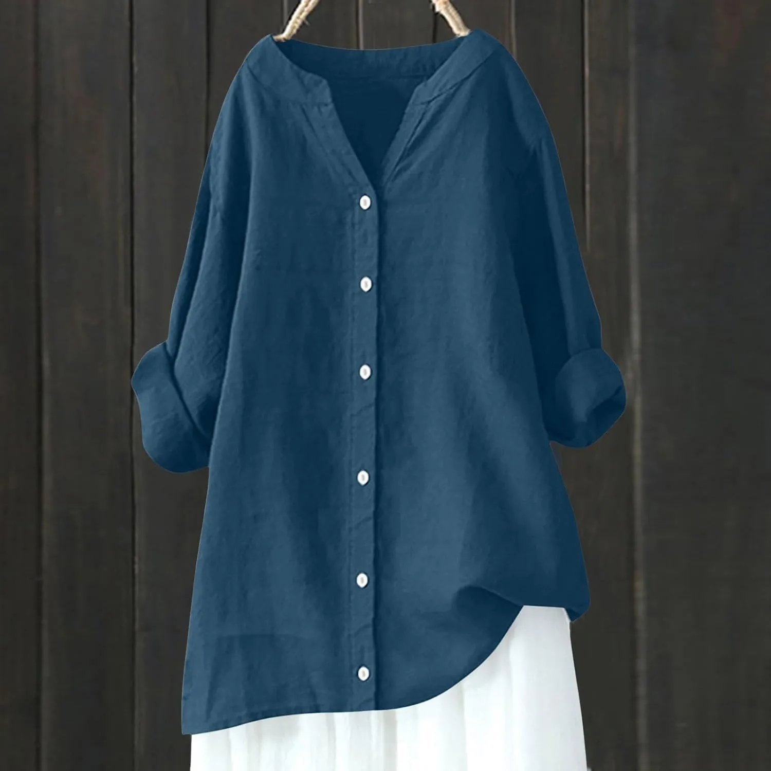 Women Linen Shirts V-Neck Button Up Blouse Bohemian Embroidery Trendy Tshirts Long Sleeve Loose T-Shirt