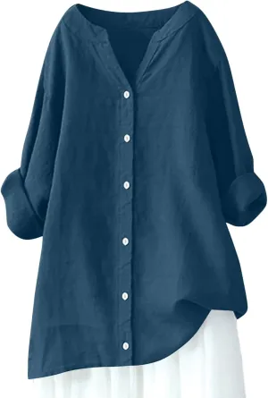 Women Linen Shirts V-Neck Button Up Blouse Bohemian Embroidery Trendy Tshirts Long Sleeve Loose T-Shirt