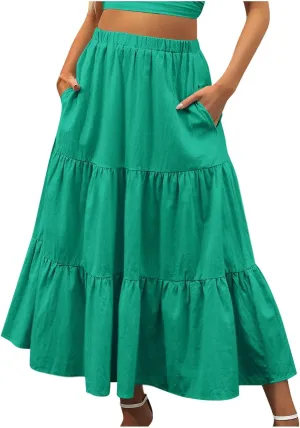 Women Maxi Boho Skirts Summer Trendy Beach Long Skirt Tiered Flowy Ruffle Skirts Casual Vacation Skirt with Pocket