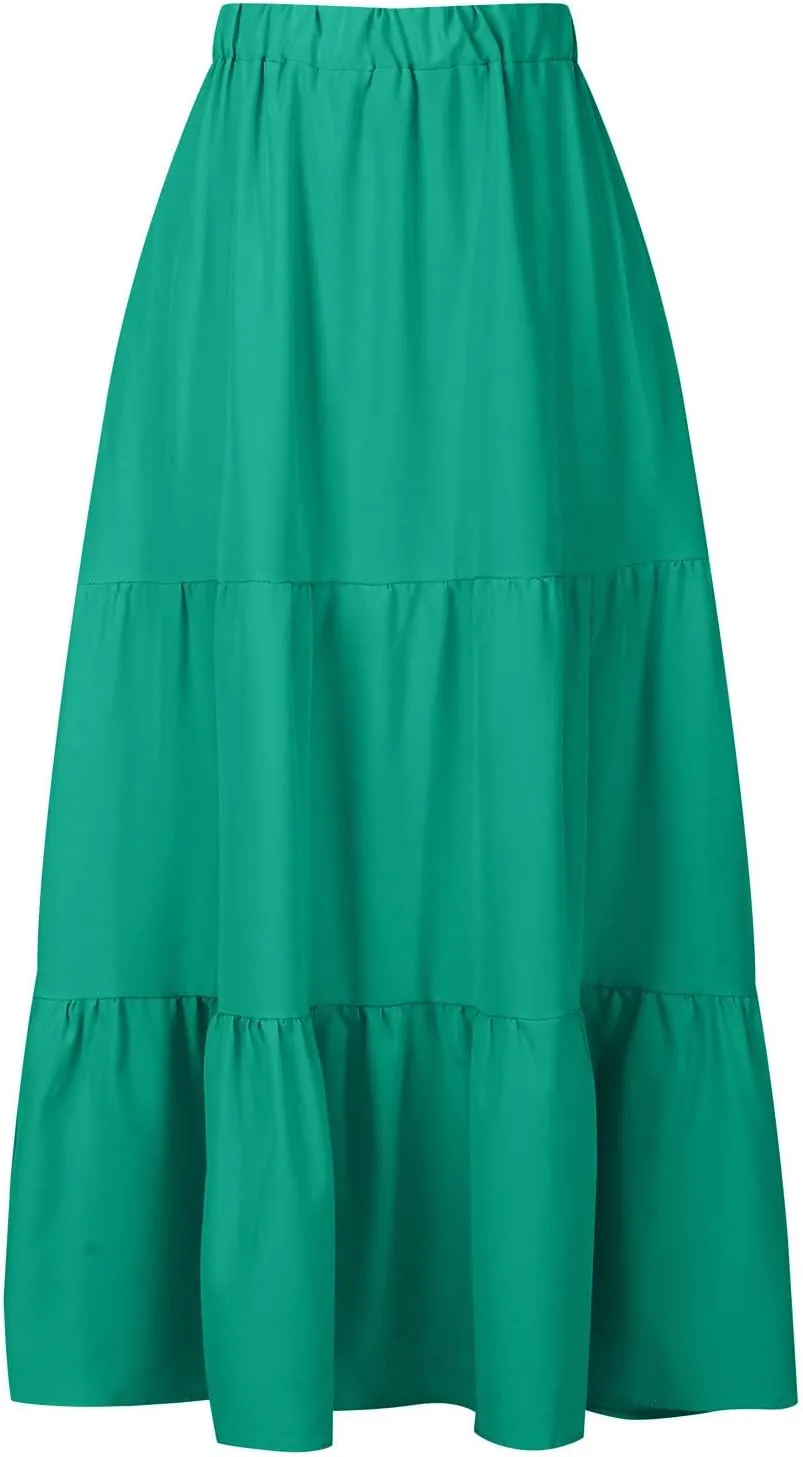 Women Maxi Boho Skirts Summer Trendy Beach Long Skirt Tiered Flowy Ruffle Skirts Casual Vacation Skirt with Pocket