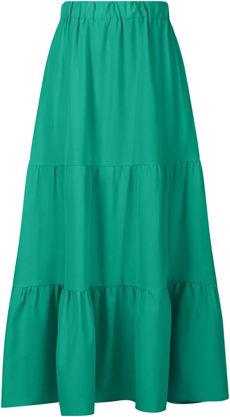 Women Maxi Boho Skirts Summer Trendy Beach Long Skirt Tiered Flowy Ruffle Skirts Casual Vacation Skirt with Pocket