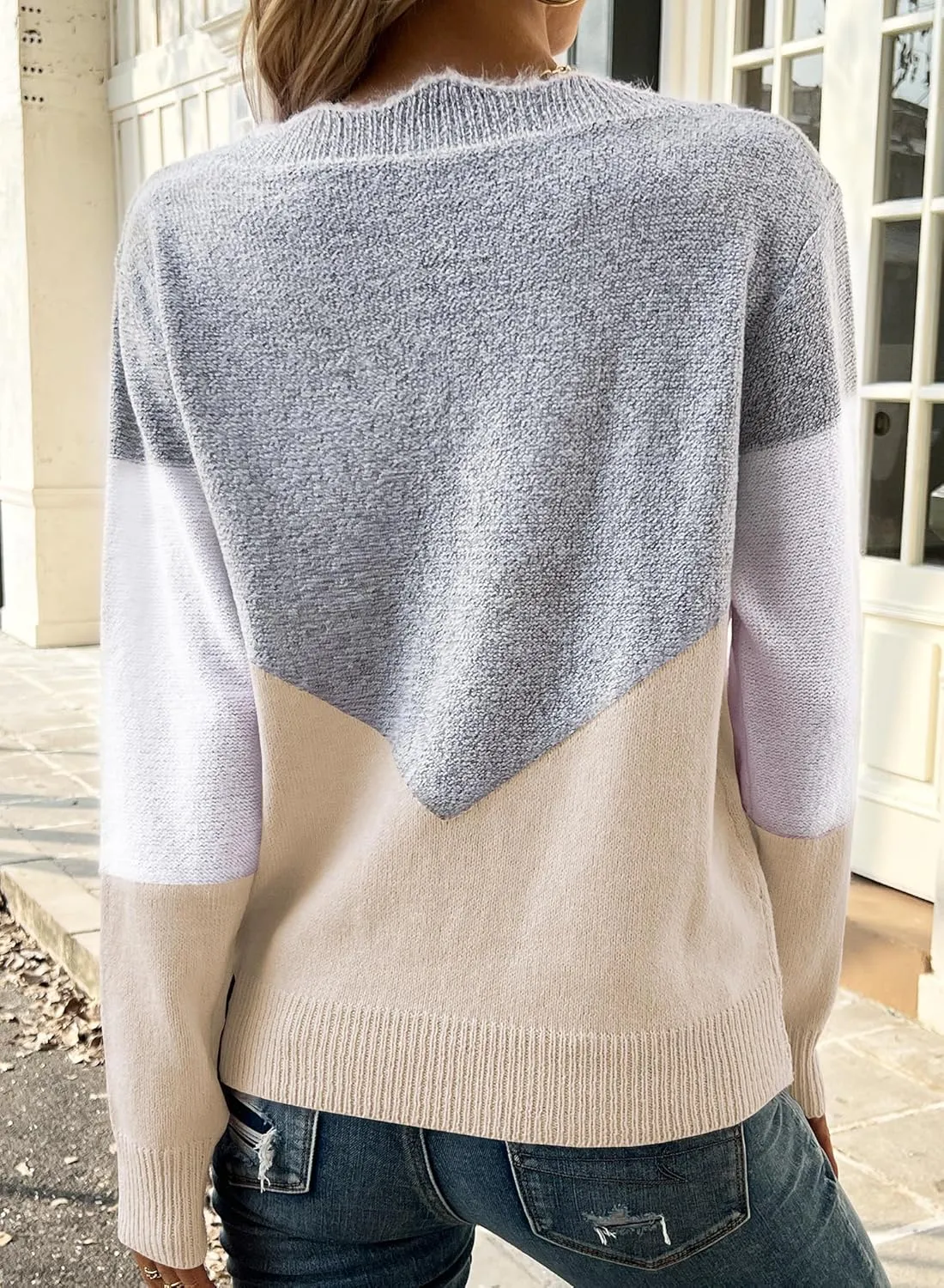 Women Spring Color Block V Neck Knit Pullover Long Sleeve Sexy Casual Soft Sweaters Tops