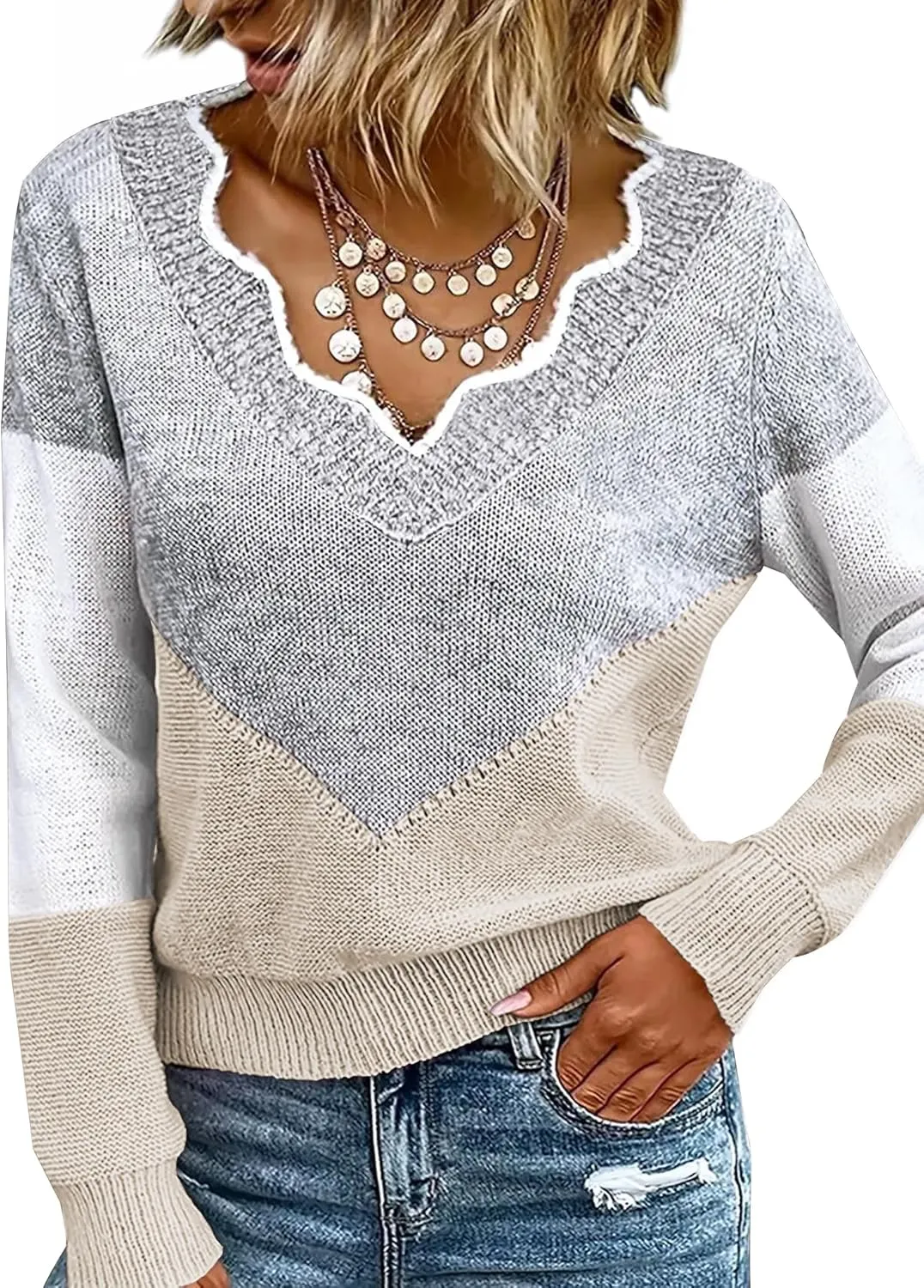 Women Spring Color Block V Neck Knit Pullover Long Sleeve Sexy Casual Soft Sweaters Tops