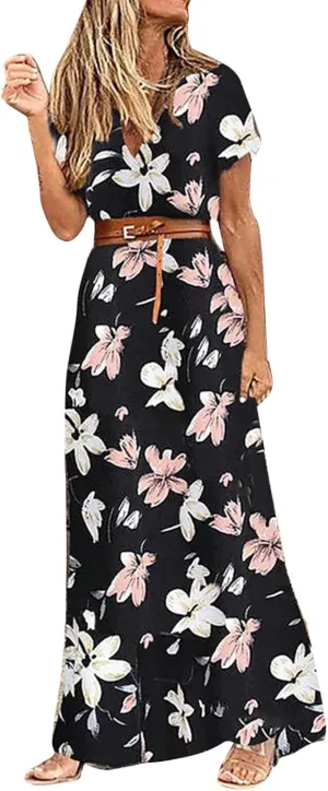Women Summer Bohemian Floral Casual Wrap V Neck Ruffle Cap Sleeveless Belt A-Line Pleated Hem Midi Sun Dress White