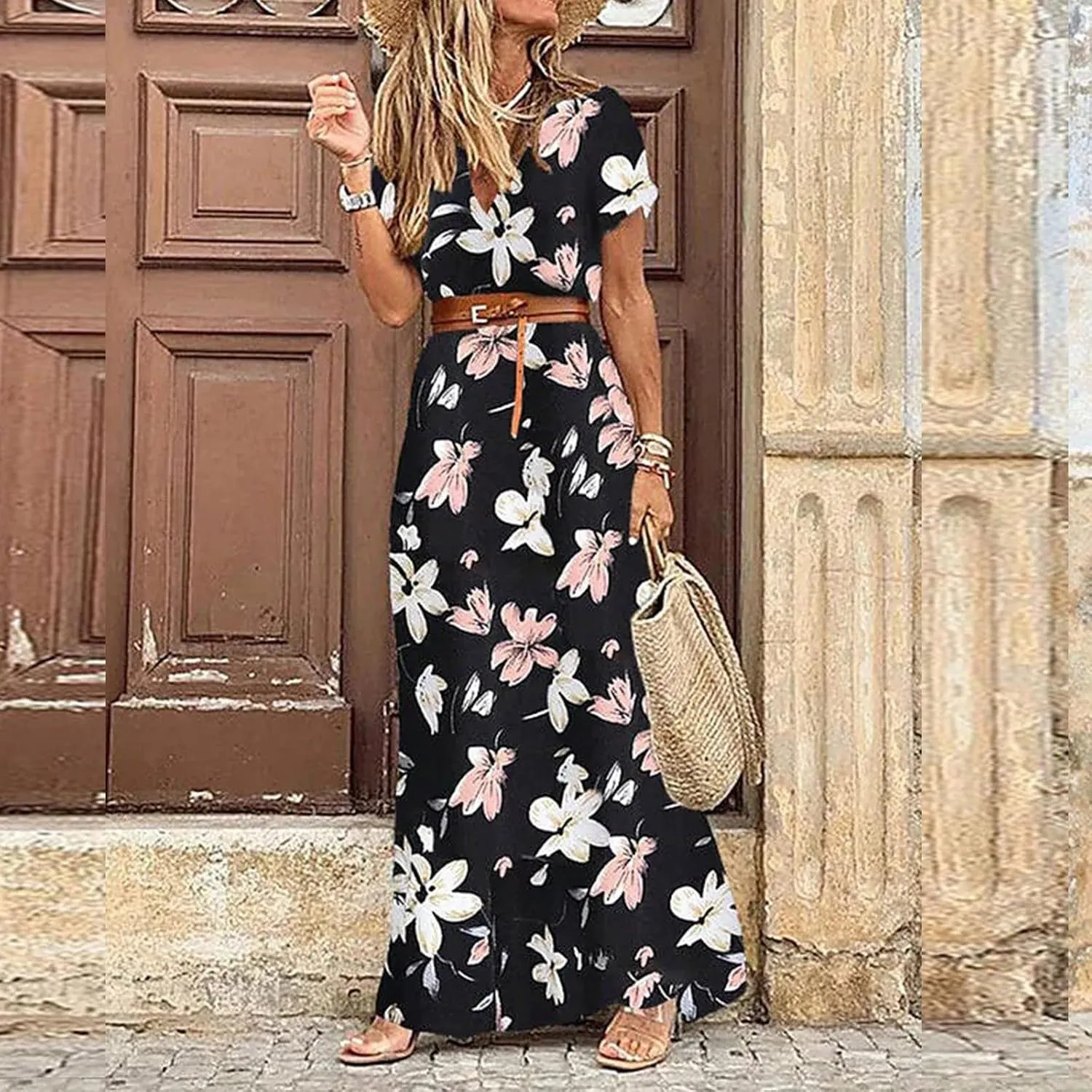 Women Summer Bohemian Floral Casual Wrap V Neck Ruffle Cap Sleeveless Belt A-Line Pleated Hem Midi Sun Dress White