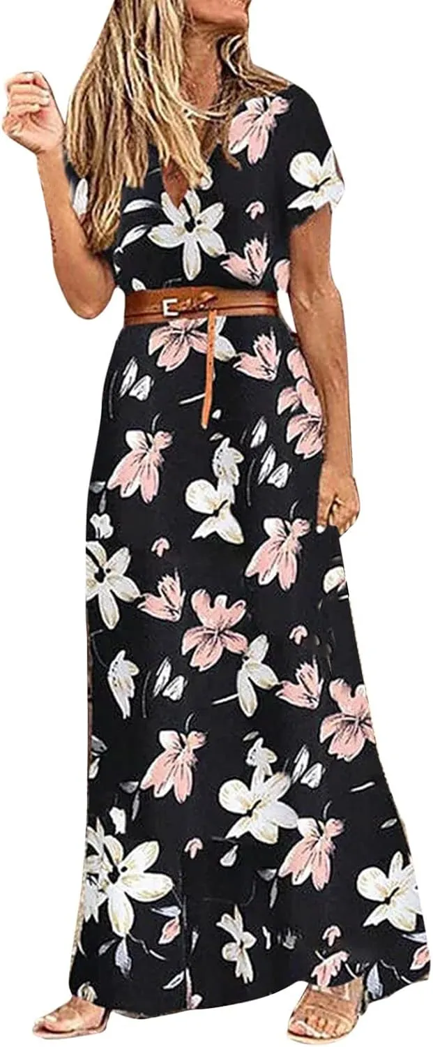 Women Summer Bohemian Floral Casual Wrap V Neck Ruffle Cap Sleeveless Belt A-Line Pleated Hem Midi Sun Dress White