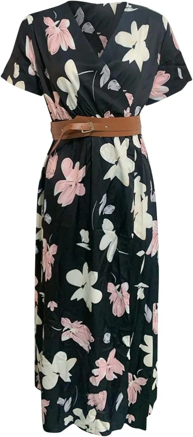 Women Summer Bohemian Floral Casual Wrap V Neck Ruffle Cap Sleeveless Belt A-Line Pleated Hem Midi Sun Dress White
