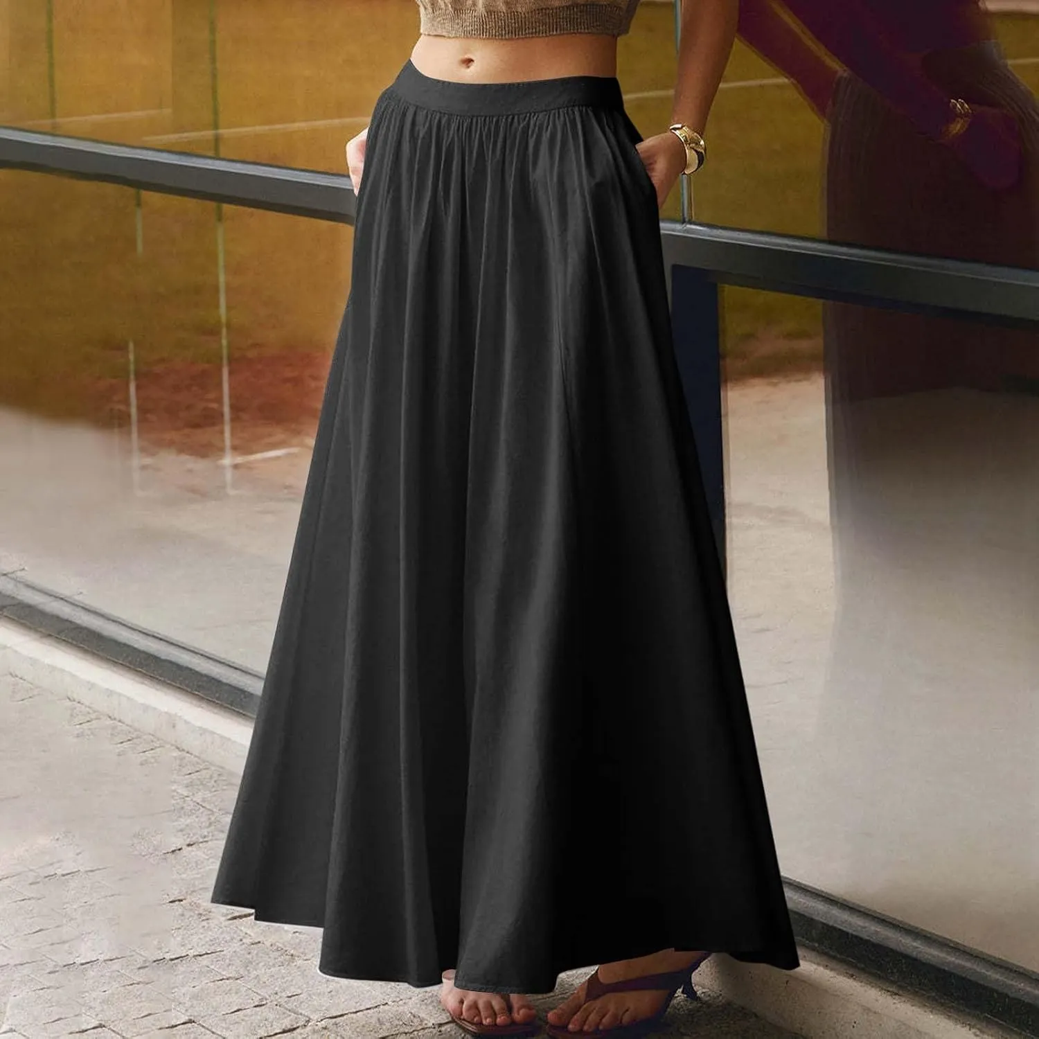 Women Summer Maxi Skirt High Waist Tiered Skirts Flowy A-Line Maxi Skirt Boho Beach Pleated Skirts Trendy Outfits