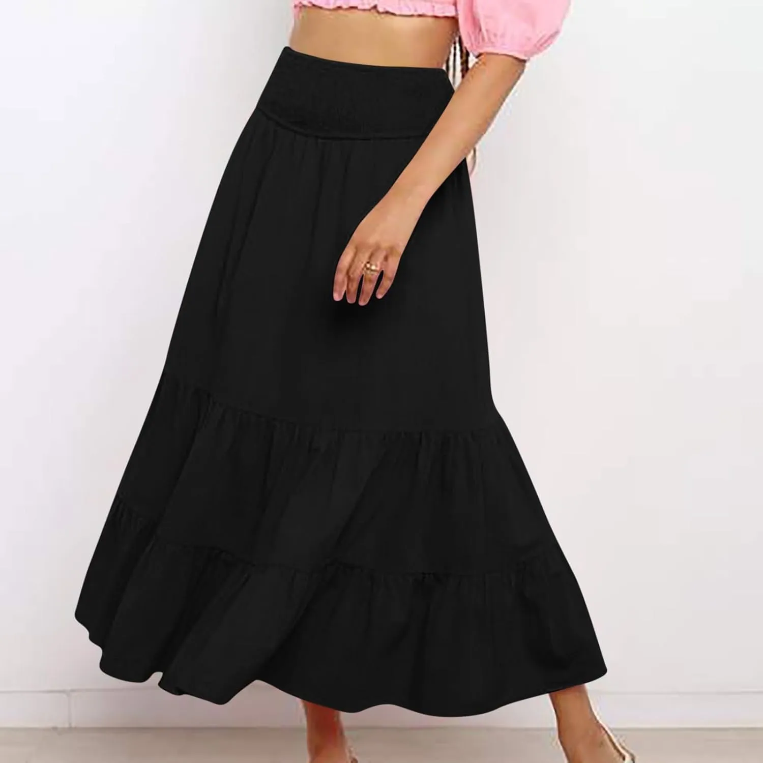 Women Summer Maxi Skirt High Waist Tiered Skirts Flowy A-Line Maxi Skirt Boho Beach Pleated Skirts Trendy Outfits