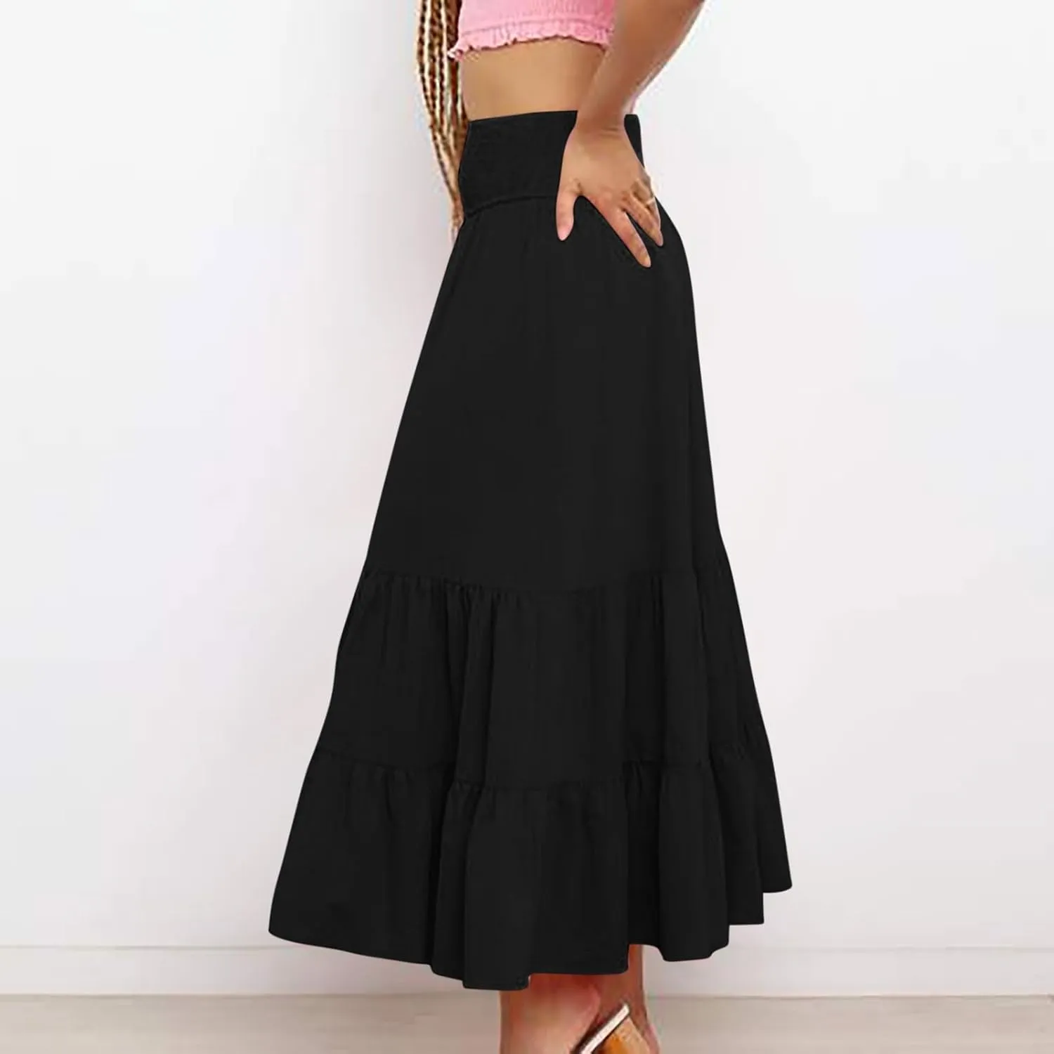 Women Summer Maxi Skirt High Waist Tiered Skirts Flowy A-Line Maxi Skirt Boho Beach Pleated Skirts Trendy Outfits
