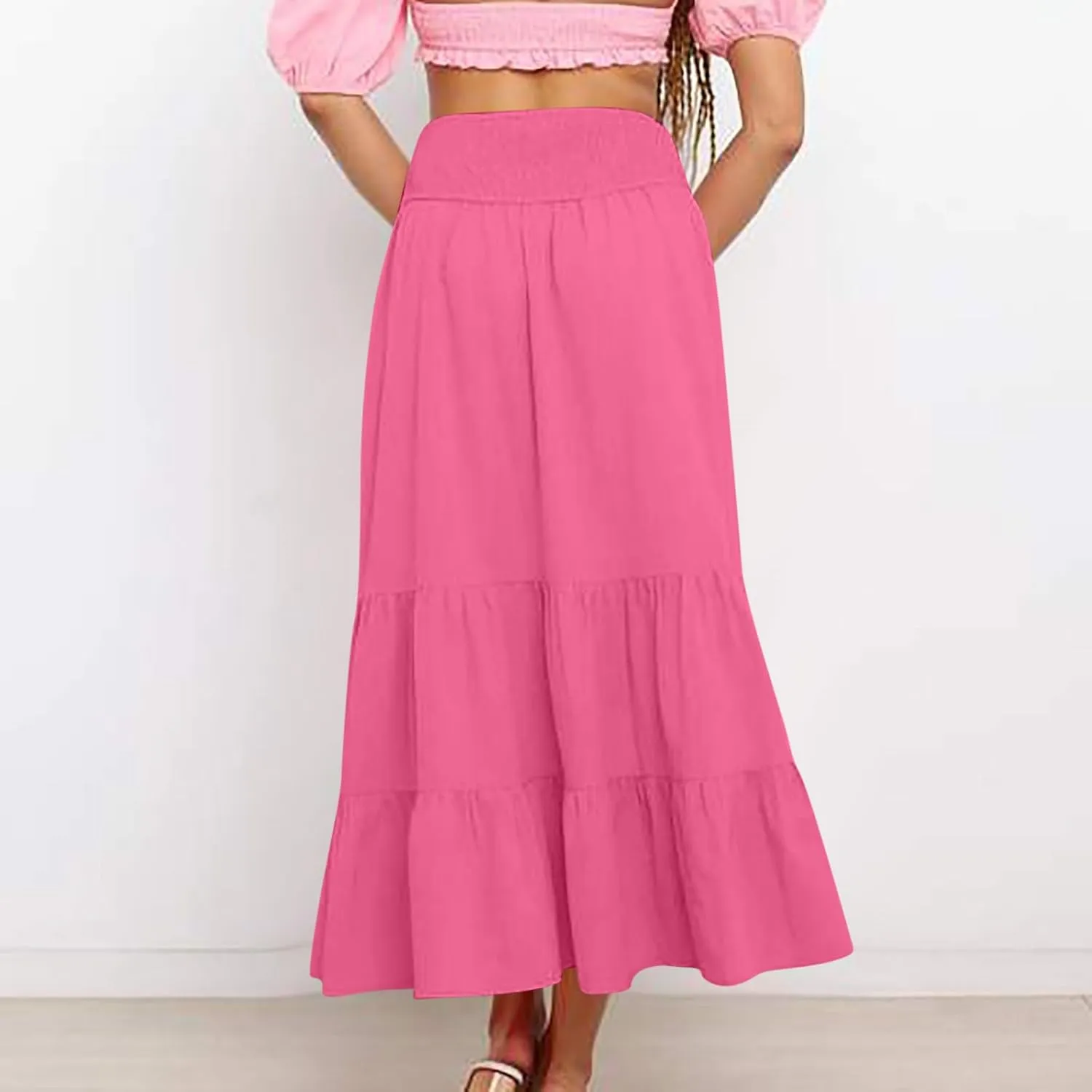 Women Summer Maxi Skirt High Waist Tiered Skirts Flowy A-Line Maxi Skirt Boho Beach Pleated Skirts Trendy Outfits