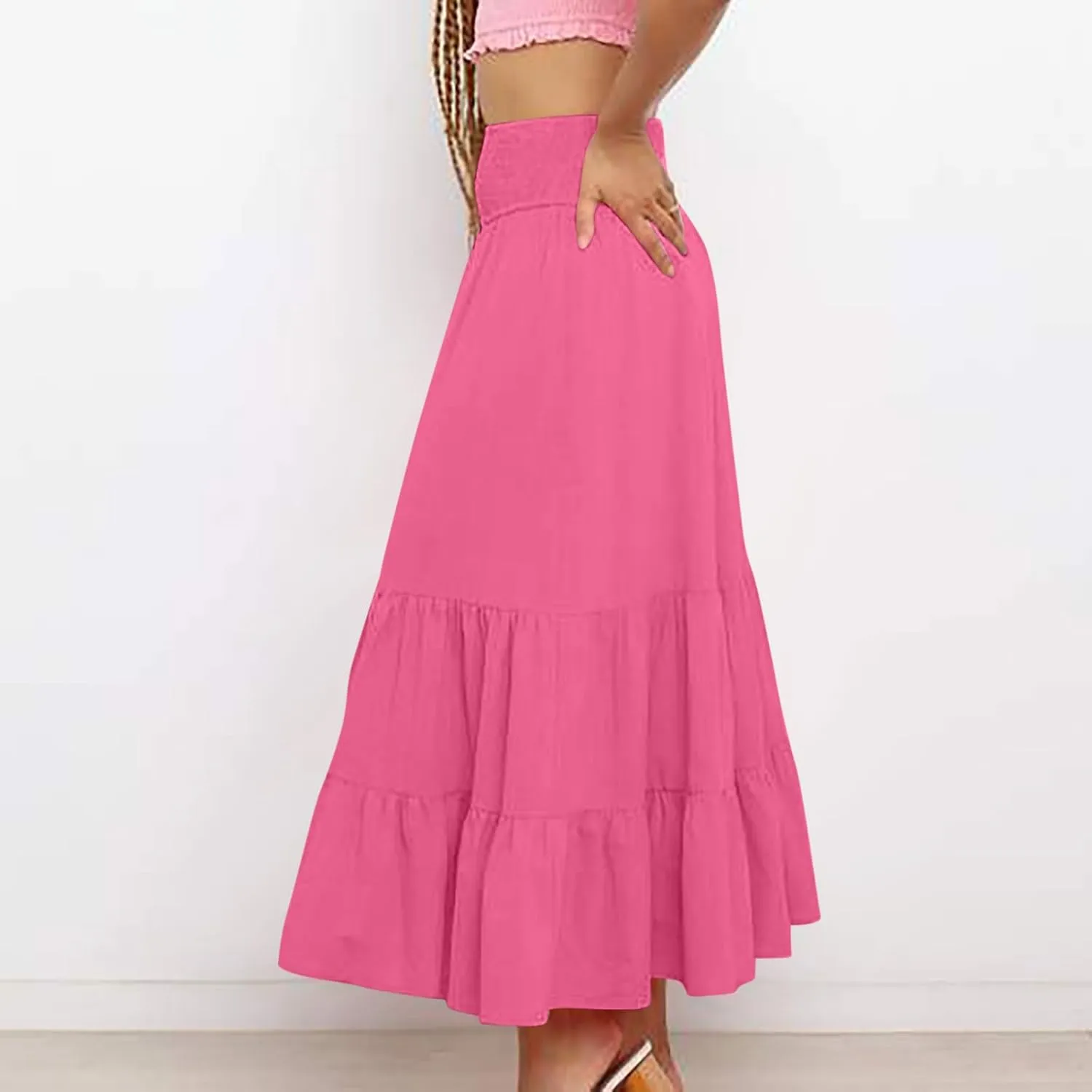 Women Summer Maxi Skirt High Waist Tiered Skirts Flowy A-Line Maxi Skirt Boho Beach Pleated Skirts Trendy Outfits