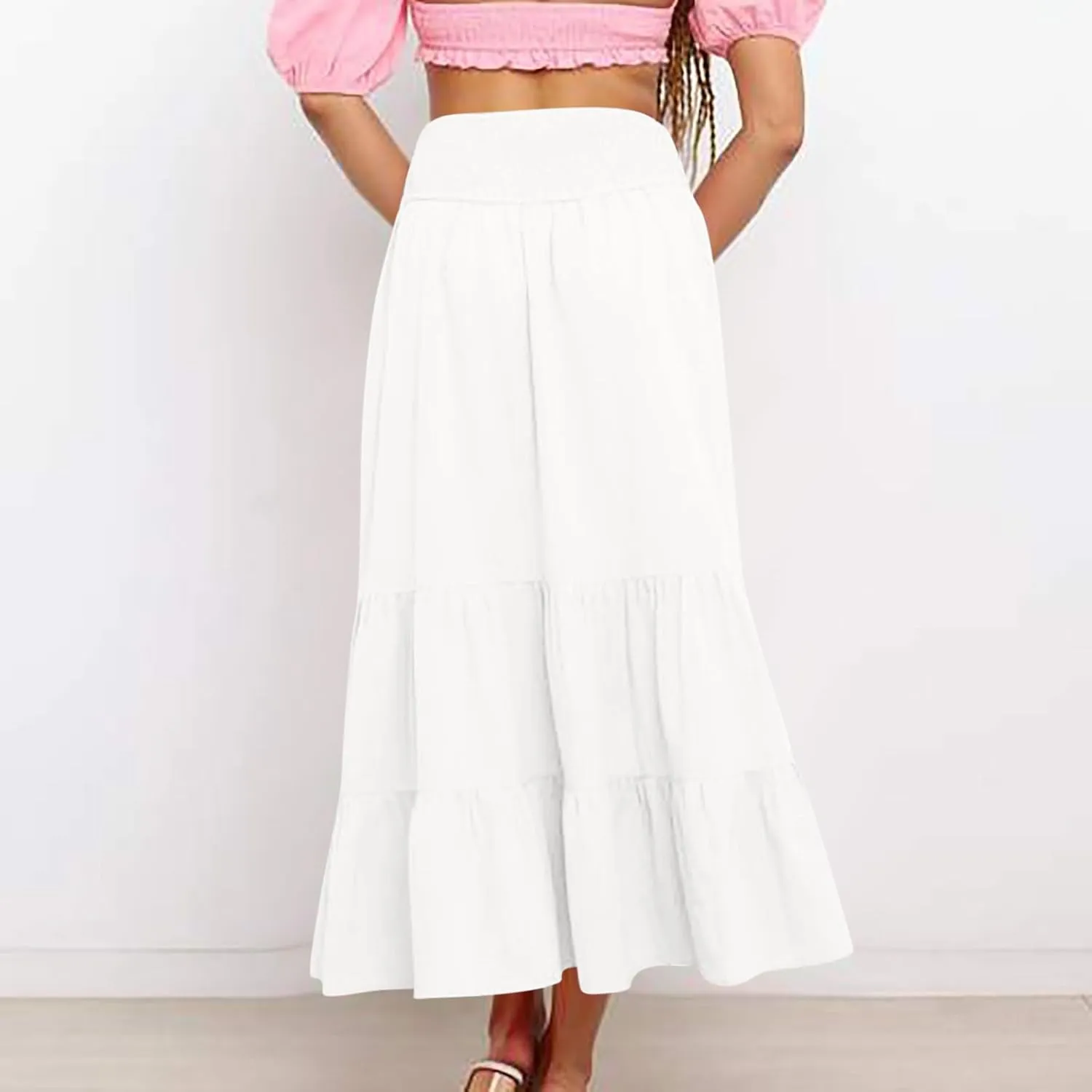 Women Summer Maxi Skirt High Waist Tiered Skirts Flowy A-Line Maxi Skirt Boho Beach Pleated Skirts Trendy Outfits