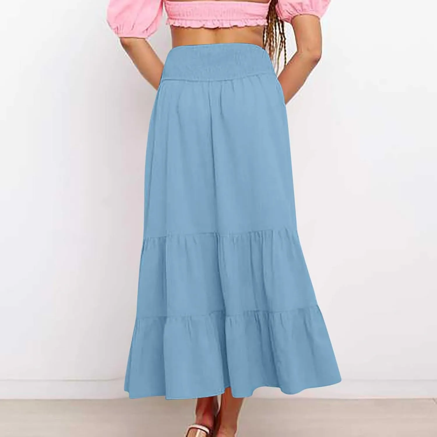 Women Summer Maxi Skirt High Waist Tiered Skirts Flowy A-Line Maxi Skirt Boho Beach Pleated Skirts Trendy Outfits