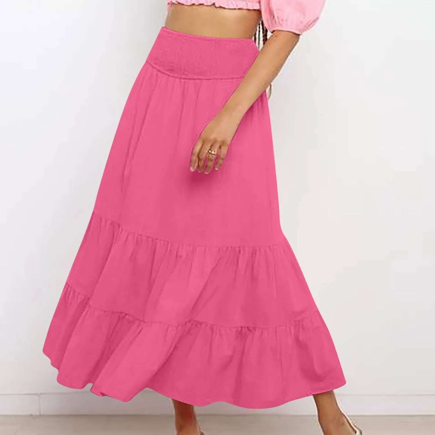 Women Summer Maxi Skirt High Waist Tiered Skirts Flowy A-Line Maxi Skirt Boho Beach Pleated Skirts Trendy Outfits