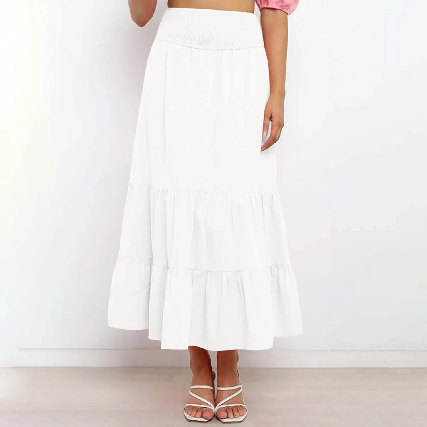Women Summer Maxi Skirt High Waist Tiered Skirts Flowy A-Line Maxi Skirt Boho Beach Pleated Skirts Trendy Outfits