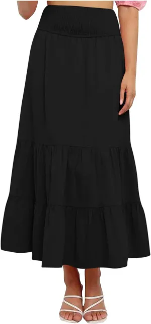 Women Summer Maxi Skirt High Waist Tiered Skirts Flowy A-Line Maxi Skirt Boho Beach Pleated Skirts Trendy Outfits