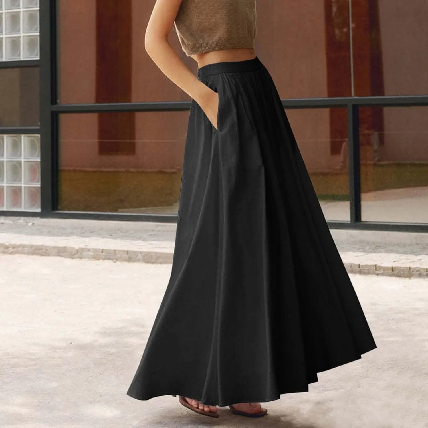 Women Summer Maxi Skirt High Waist Tiered Skirts Flowy A-Line Maxi Skirt Boho Beach Pleated Skirts Trendy Outfits