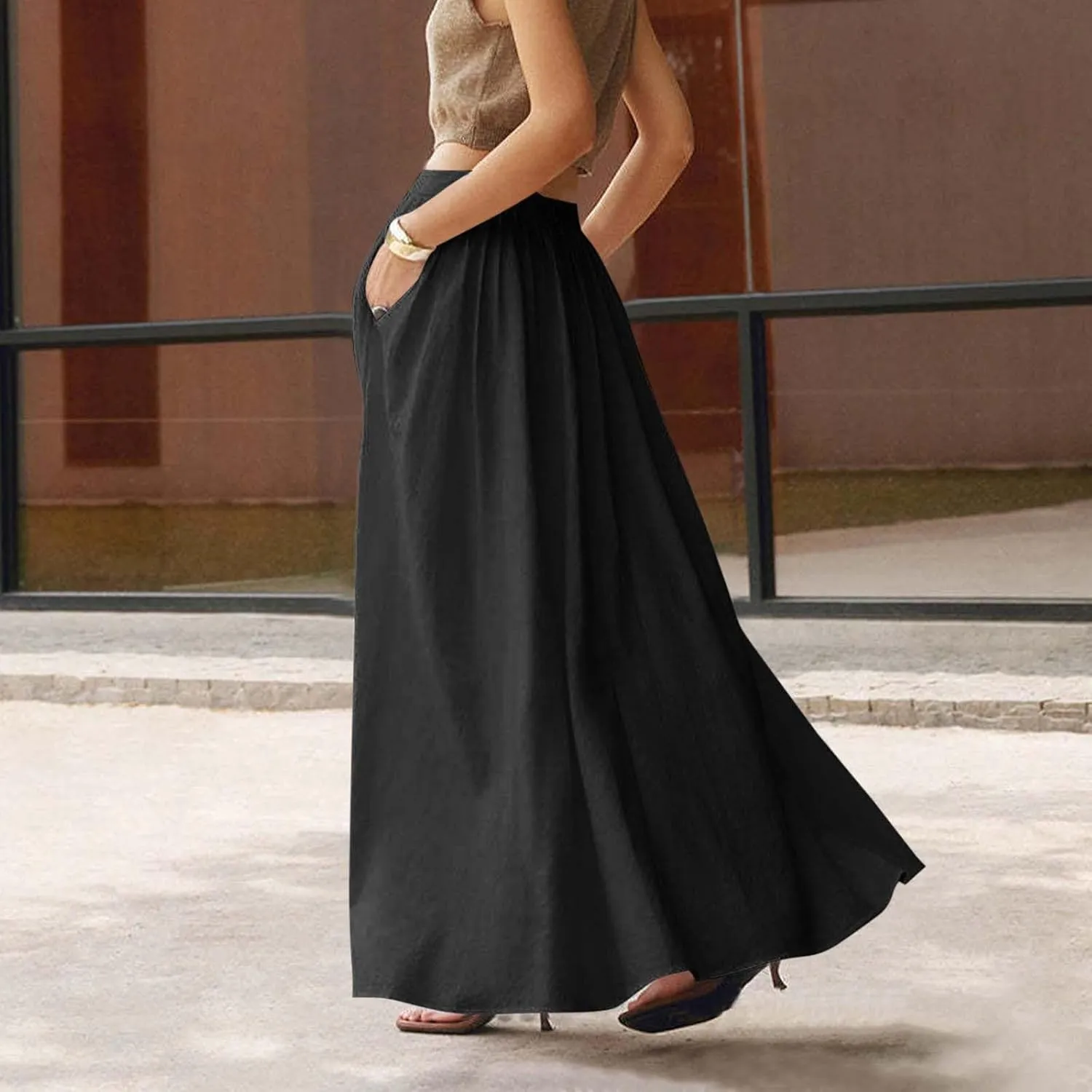 Women Summer Maxi Skirt High Waist Tiered Skirts Flowy A-Line Maxi Skirt Boho Beach Pleated Skirts Trendy Outfits