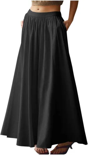 Women Summer Maxi Skirt High Waist Tiered Skirts Flowy A-Line Maxi Skirt Boho Beach Pleated Skirts Trendy Outfits