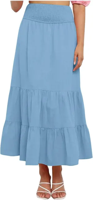 Women Summer Maxi Skirt High Waist Tiered Skirts Flowy A-Line Maxi Skirt Boho Beach Pleated Skirts Trendy Outfits