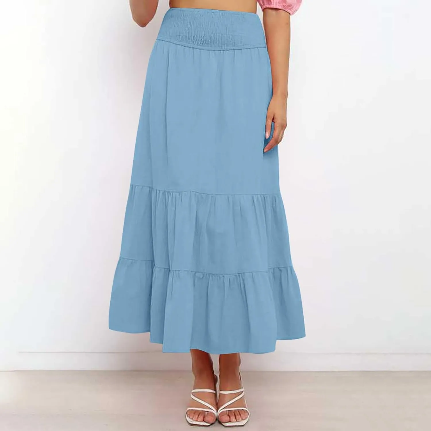 Women Summer Maxi Skirt High Waist Tiered Skirts Flowy A-Line Maxi Skirt Boho Beach Pleated Skirts Trendy Outfits