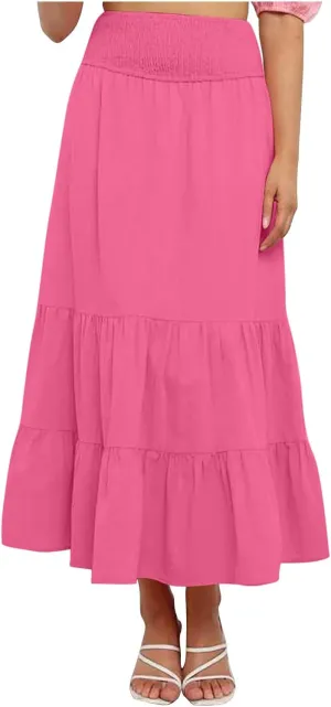 Women Summer Maxi Skirt High Waist Tiered Skirts Flowy A-Line Maxi Skirt Boho Beach Pleated Skirts Trendy Outfits
