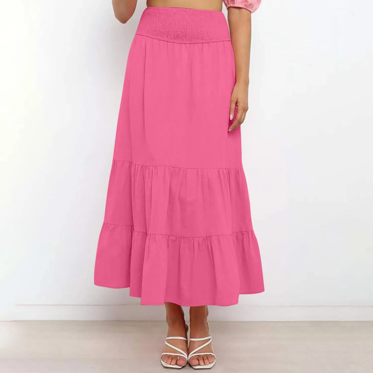 Women Summer Maxi Skirt High Waist Tiered Skirts Flowy A-Line Maxi Skirt Boho Beach Pleated Skirts Trendy Outfits