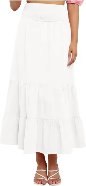 Women Summer Maxi Skirt High Waist Tiered Skirts Flowy A-Line Maxi Skirt Boho Beach Pleated Skirts Trendy Outfits
