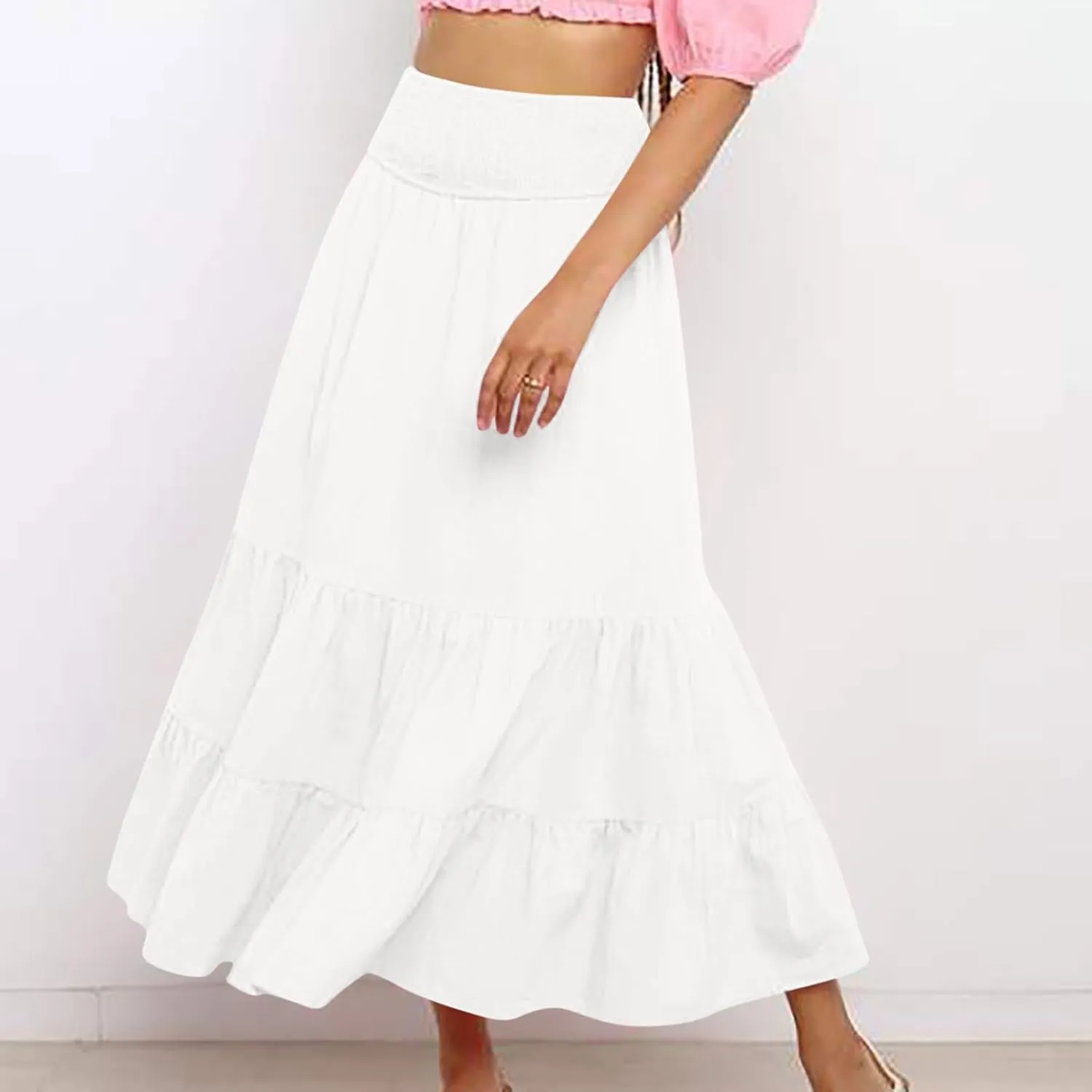 Women Summer Maxi Skirt High Waist Tiered Skirts Flowy A-Line Maxi Skirt Boho Beach Pleated Skirts Trendy Outfits
