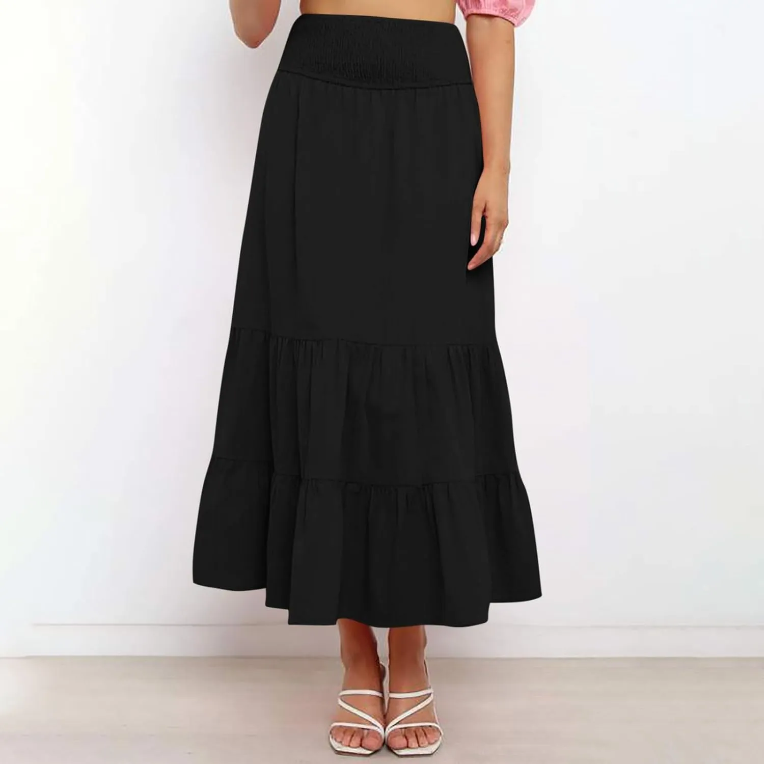 Women Summer Maxi Skirt High Waist Tiered Skirts Flowy A-Line Maxi Skirt Boho Beach Pleated Skirts Trendy Outfits