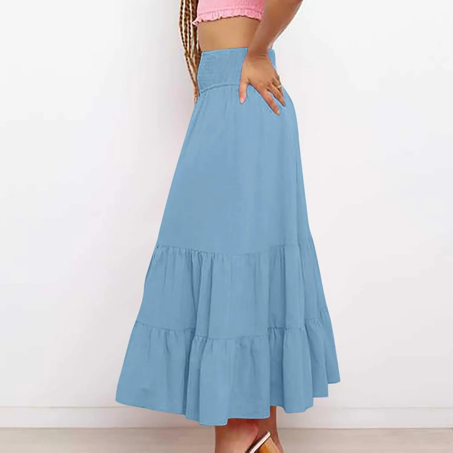 Women Summer Maxi Skirt High Waist Tiered Skirts Flowy A-Line Maxi Skirt Boho Beach Pleated Skirts Trendy Outfits