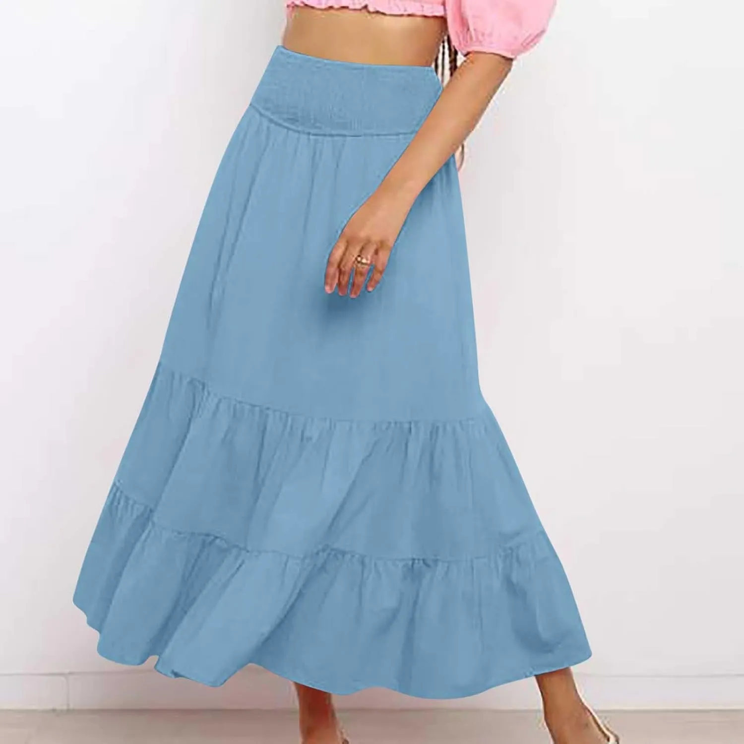 Women Summer Maxi Skirt High Waist Tiered Skirts Flowy A-Line Maxi Skirt Boho Beach Pleated Skirts Trendy Outfits