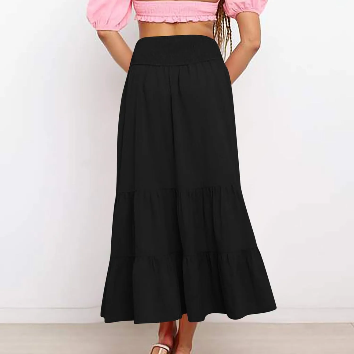 Women Summer Maxi Skirt High Waist Tiered Skirts Flowy A-Line Maxi Skirt Boho Beach Pleated Skirts Trendy Outfits