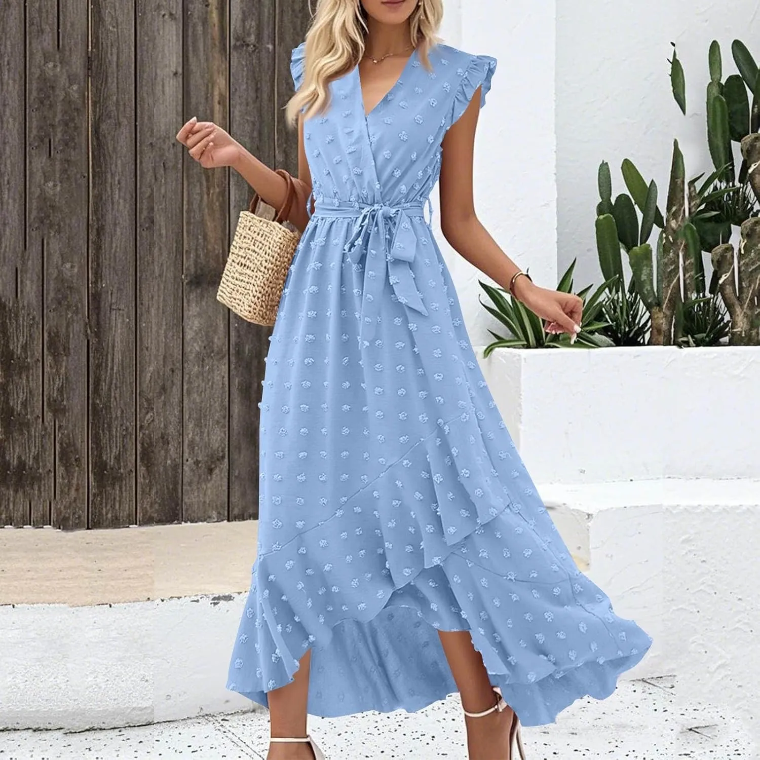 Women V Neck Summer Dress 2025 Cap Sleeve Swiss Dot Boho Flowy Ruffle Slit Beach Party Long Maxi Cocktail Dresses