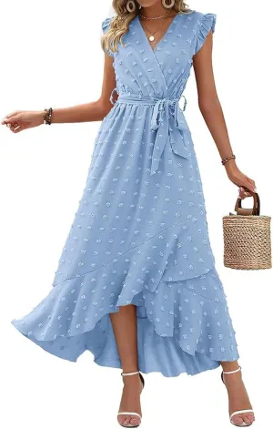 Women V Neck Summer Dress 2025 Cap Sleeve Swiss Dot Boho Flowy Ruffle Slit Beach Party Long Maxi Cocktail Dresses