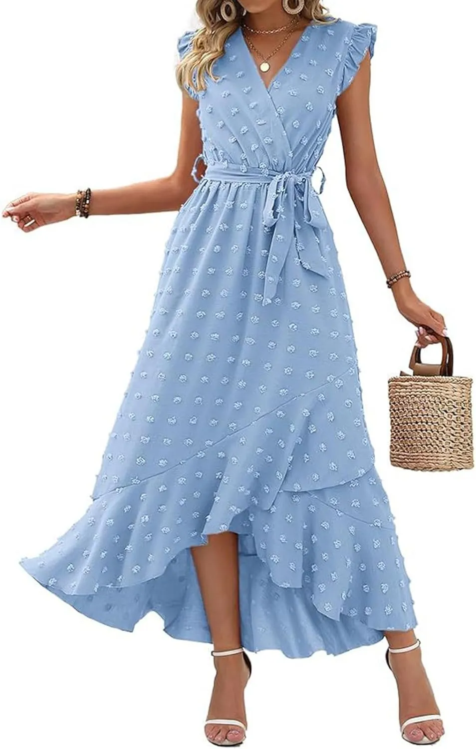 Women V Neck Summer Dress 2025 Cap Sleeve Swiss Dot Boho Flowy Ruffle Slit Beach Party Long Maxi Cocktail Dresses