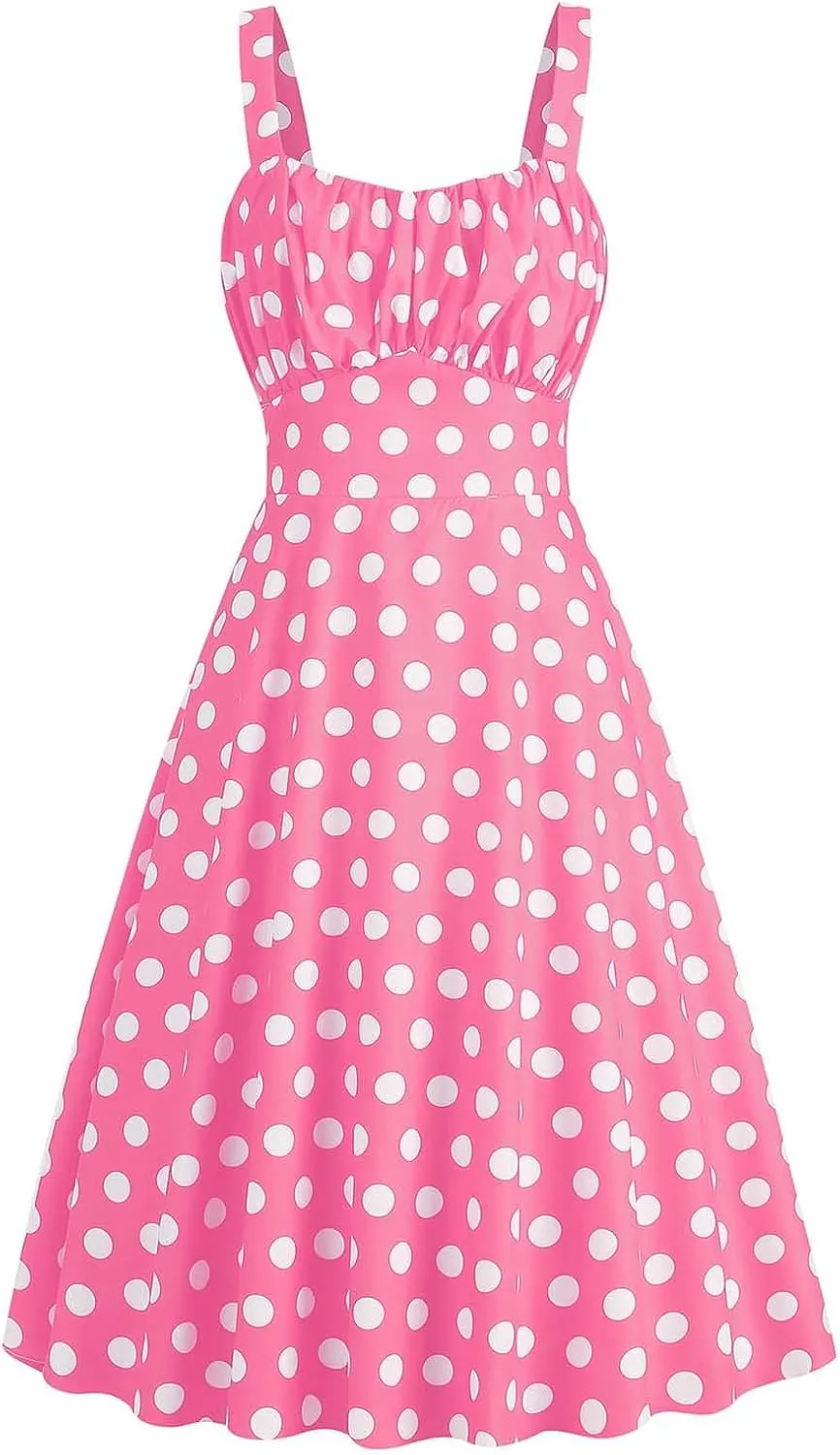 Women Vintage Sleeveless Solid Floral Ruched Summer Cute A-Line Flowy Swing Midi Dress Beach Dresses