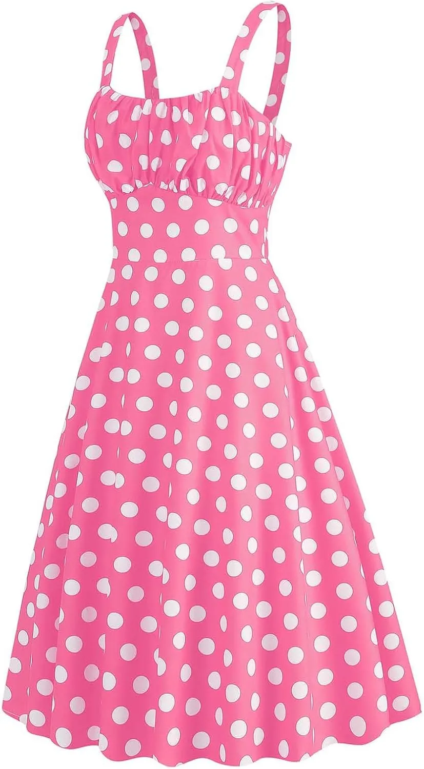 Women Vintage Sleeveless Solid Floral Ruched Summer Cute A-Line Flowy Swing Midi Dress Beach Dresses