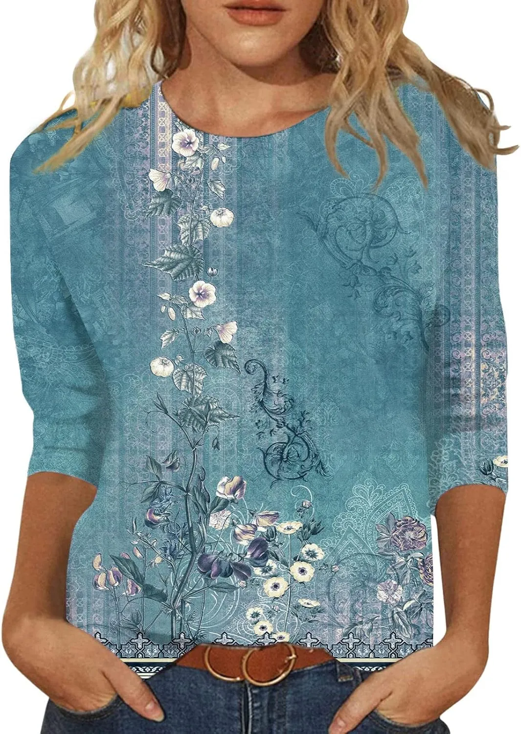 Womens 3/4 Length Sleeve Tops 2024, Valentines and Casual Fashion Style Shirts Crew Neck Loose-Fitting Blouses