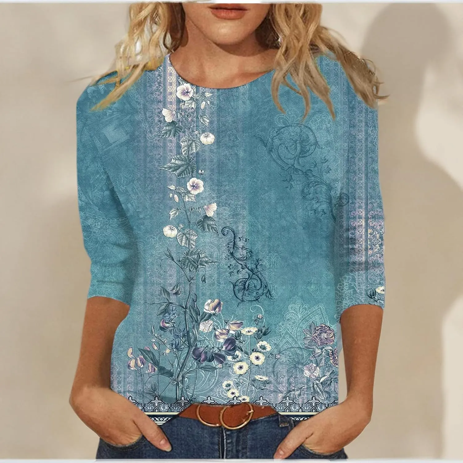 Womens 3/4 Length Sleeve Tops 2024, Valentines and Casual Fashion Style Shirts Crew Neck Loose-Fitting Blouses