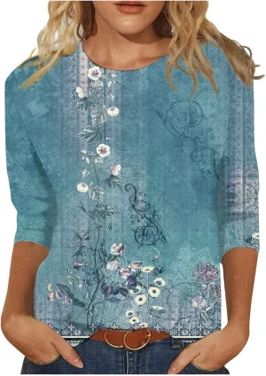 Womens 3/4 Length Sleeve Tops 2024, Valentines and Casual Fashion Style Shirts Crew Neck Loose-Fitting Blouses