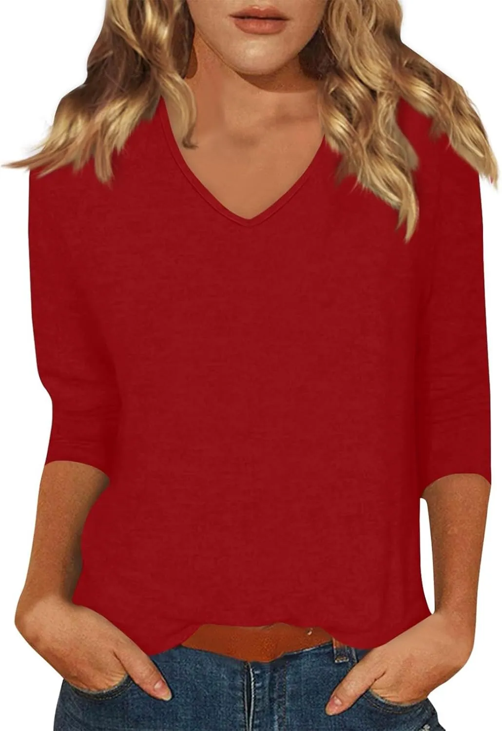 Womens 3/4 Sleeve Tops Casual V Neck T Shirts Loose Fit Three Quarter Length Cute Shirts Dressy Basic Work Blouse