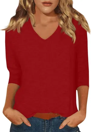 Womens 3/4 Sleeve Tops Casual V Neck T Shirts Loose Fit Three Quarter Length Cute Shirts Dressy Basic Work Blouse