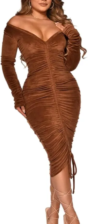 Women's Bodycon Tie Waist Dress Elegant Wrap V Neck Long Sleeve Midi Dresses Sexy Cocktail Party Dress