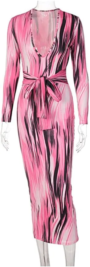 Women's Bodycon Tie Waist Dress Elegant Wrap V Neck Long Sleeve Midi Dresses Sexy Cocktail Party Dress